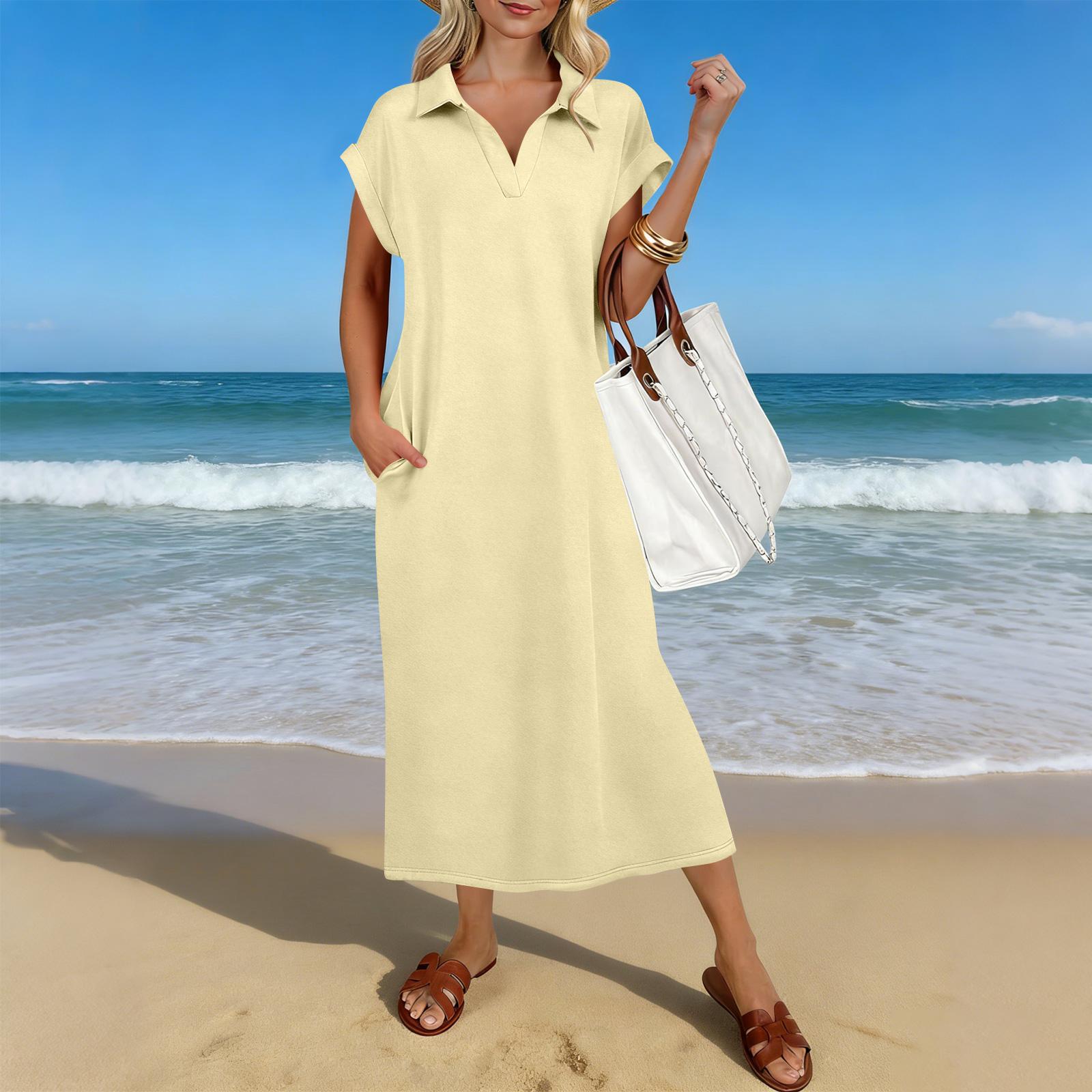 

Women s Summer Casual Midi Dress Short-Sleeve V-Neck Loose-Fit Split Hem Beach Resort T-Shirt Maxi Dress L бежевый