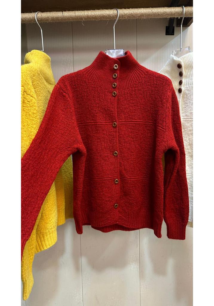 Women's High-Neck White Long-Sleeve Loose Knit Cardigan Sweater Top