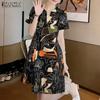 ZANZEA Women Casual V-Neck Short Sleeve Loose Print Dress