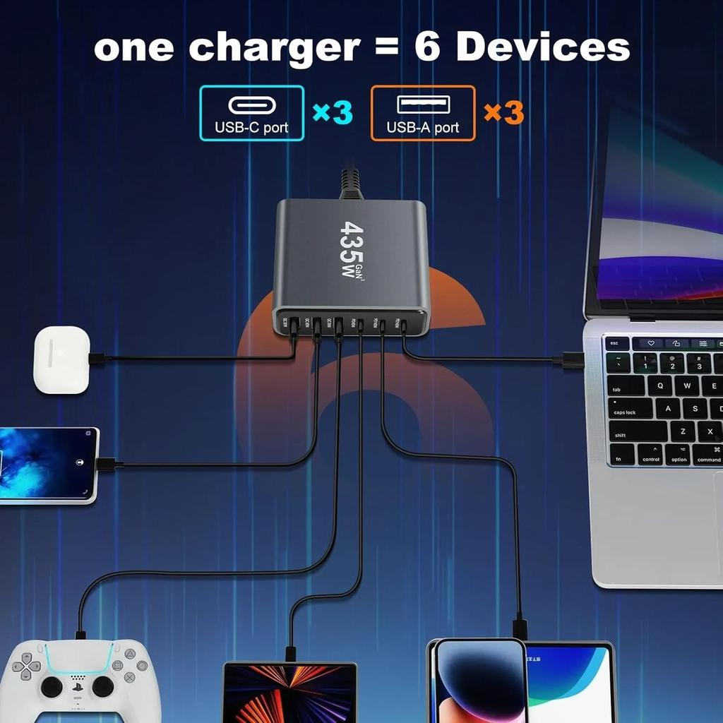 Desktop Charging Station 6 Port GaN USB C Charger 3 USB C 3 USB A Fast Charger for Laptop Tablet IPhone Android