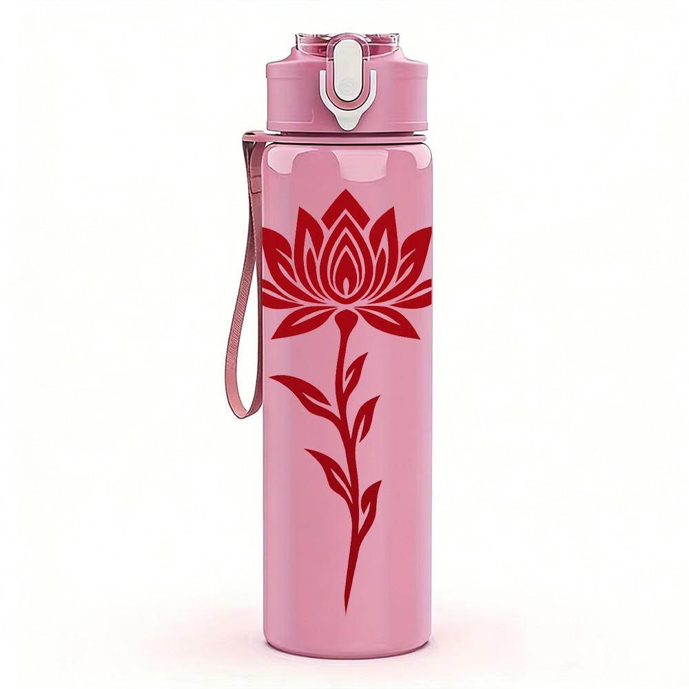1PC Red Lotus Flower Art 750ml Color Plastic Sports Water Bottle Leakproof Flip Straw Lid Suitable for Sports Office Home Use