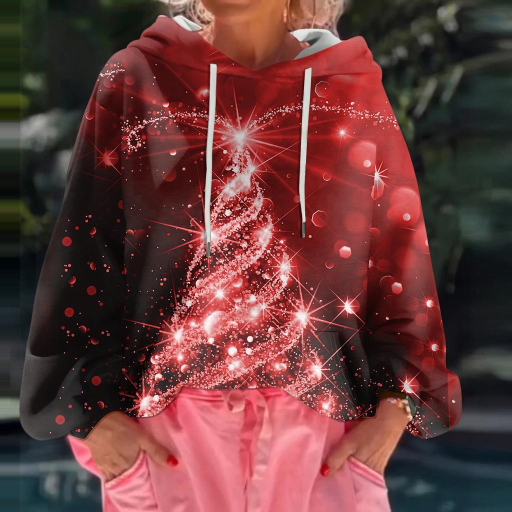 Dámská vánoční potištěná volná ležérní mikina s dlouhým rukávem a kapucí