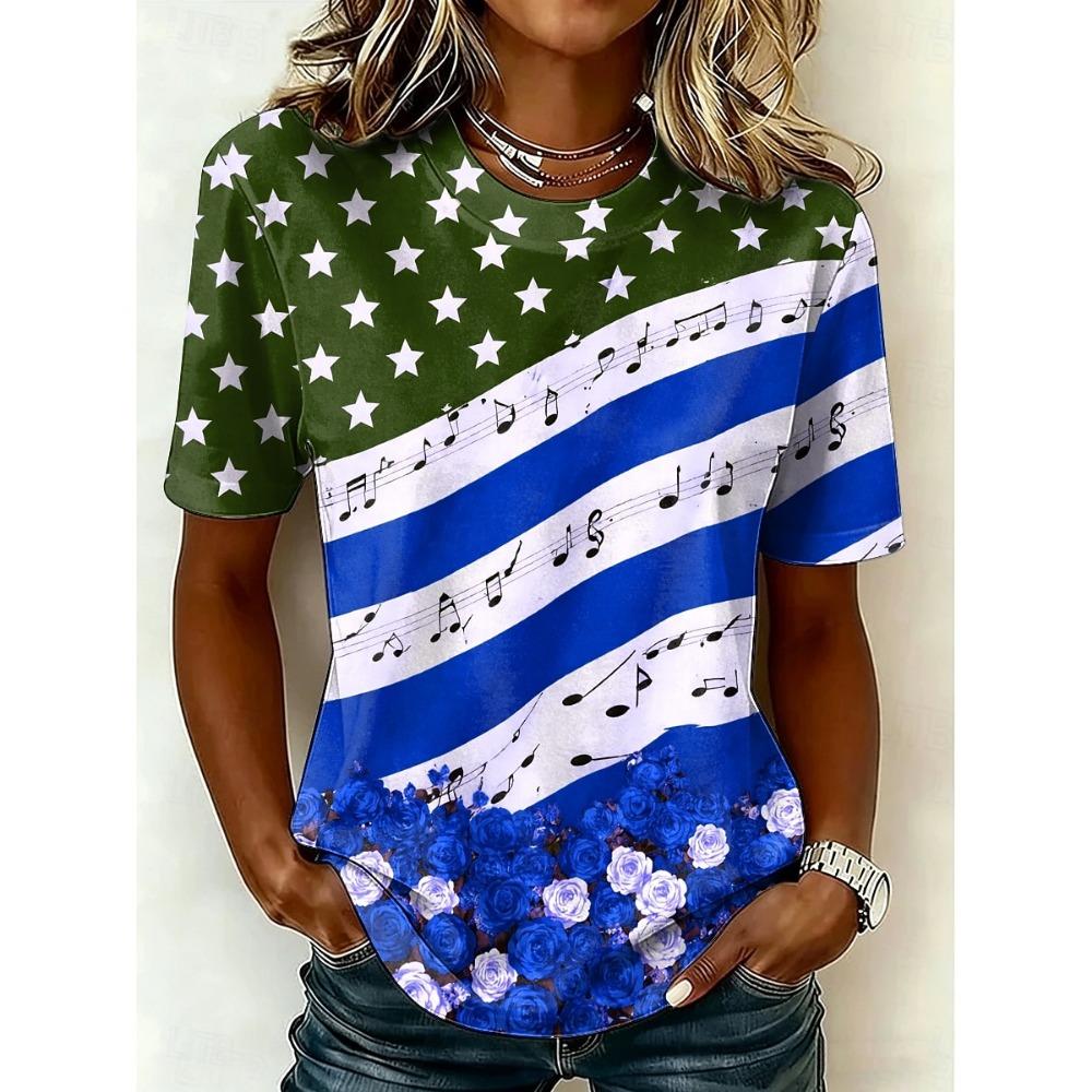 American Independence Day Women's T Shirt Print Graphic Flag Tie Dye Stylish Classic Casual Short Sleeve V Neck Regular Tops