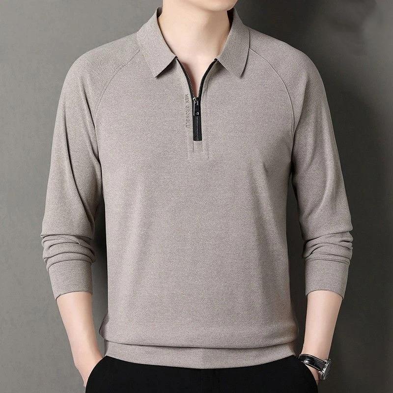 Spring Autumn Casual Men's Lapel Half-zip Long-sleeved T-shirt Business Polo Shirt Loose Autumn Knitted Sweater