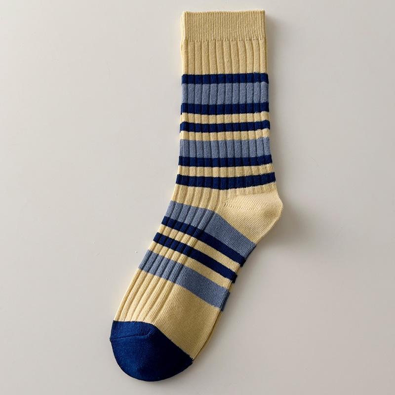 New Warm Casual Cotton Mid Socks Retro Contrast Stripes Same Color Match College Style Cotton Socks Winter Socks