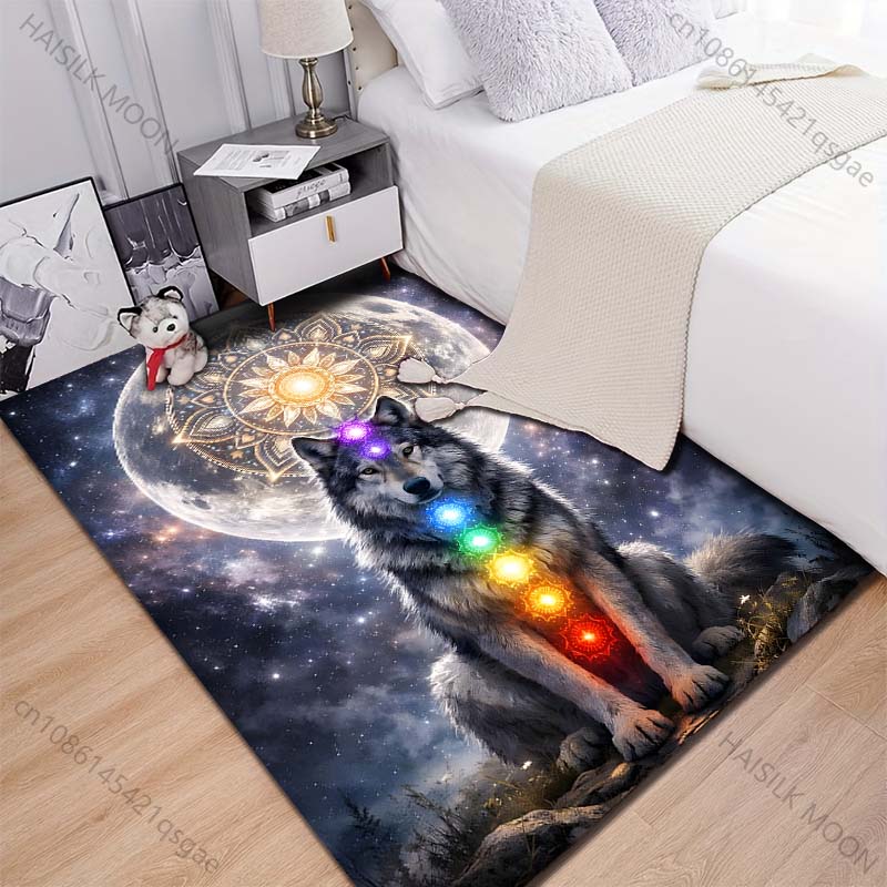 New Product Wolf Colorful Chakras Full Moon Carpet for Living Room Bedroom Bedside Floor Mat Cloakroom Child Play Mat Area Rug
