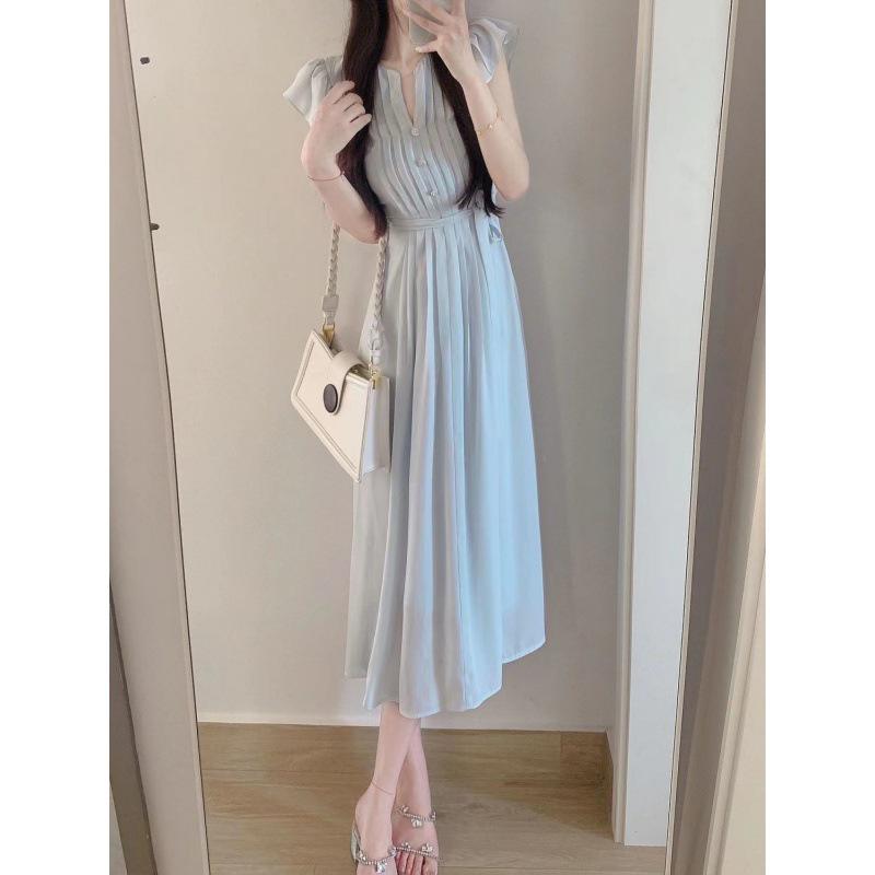 

2023 Summer French Style Slimming Draped Short Sleeve Long Dress Large небесно-голубой