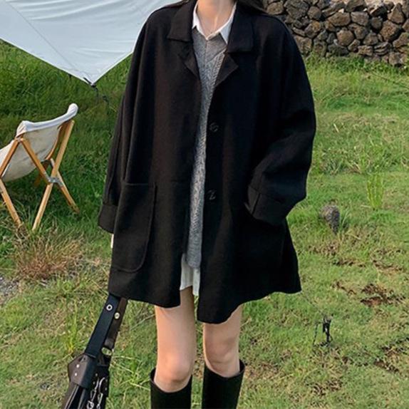 

Autumn Winter 2020 Loose Mid-Length Long Sleeve Woolen Coat for Women M up to 105 lbs чёрный