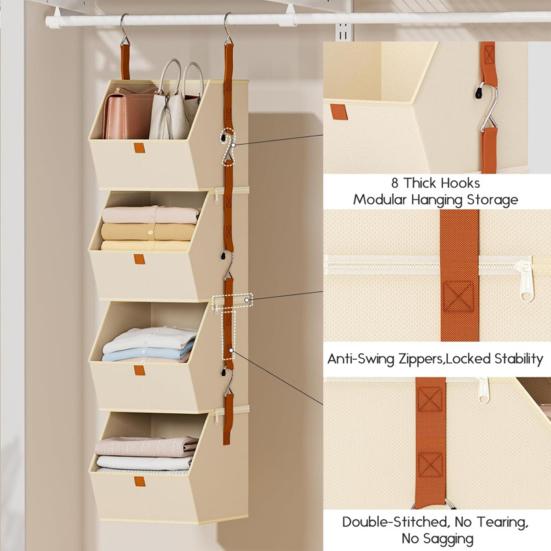 1 Set Collapsible Hanging Closet Organizer Adjustable Wardrobe Storage System with Hooks 4 Tier Closet Shelves Foldable Fabric Storage Bins