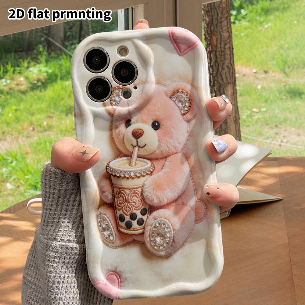 Phone Case: 2D Flat, Fits iPhone 12/13/14/15/16/17/18 Pro, Phone Decoration, Milk Tea Pink Little Bear, Perfect for Christmas and Halloween Gifts