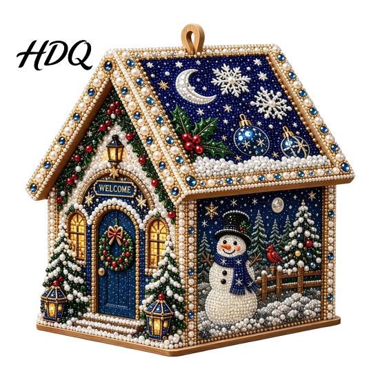 DIY Weihnachtsornament-Set 3D-Haus Kunst-Set mit Kunstperlen Handgemaltes Strassstein-Malerei Hüttenmontage für Erwachsene Tisch-Weihnachtsbaum Aufhängbar Perlenbesetzt