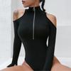 Fashion Ribbed Black Top Tight Off Shoulder Long Sleeve Summer Sexy Zipper Bodysuit Women's Bodysuit