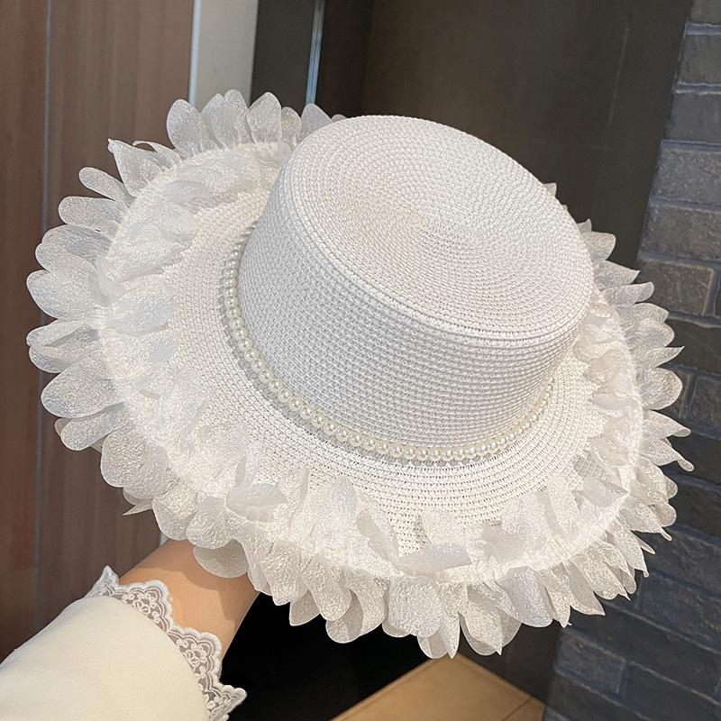 Elegant Lace Straw Hat Women'S Summer Outdoor Wide Brim Sunscreen Sunshade Vacation Sun Hat New Pearl Top Hat