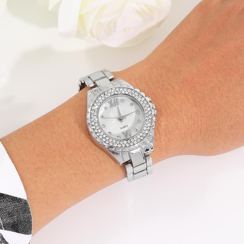 5PCS Personalized Luxury Silver Pointer Quartz Watch Women's Square Pendant Necklace with Diamond Earrings Ring Set for Girls