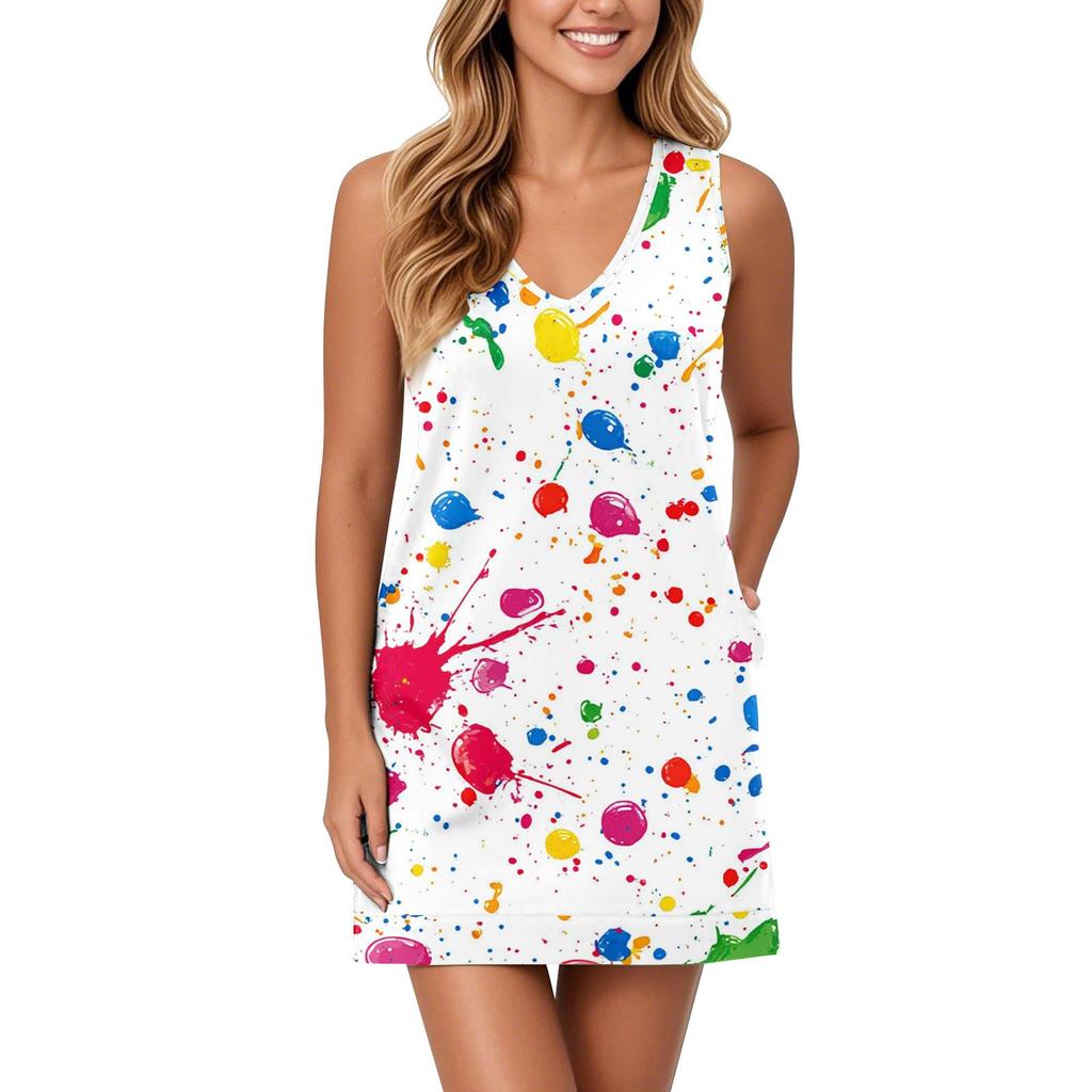 Women's V-neck Sundress Sleeveless Casual Geometric Print Dress With Pockets