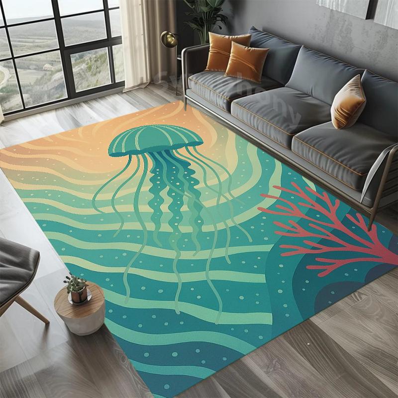 Whimsical Sea Creature Rectangular Rug for Bedroom Living Room Office Non Slip Washable Floor Mat Home Decorative Soft Carpet
