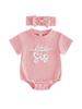 Infant Girl 2-Piece Summer Set with Short Sleeve Romper and Matching Headband Adorned with Embroidered Letters Perfect for