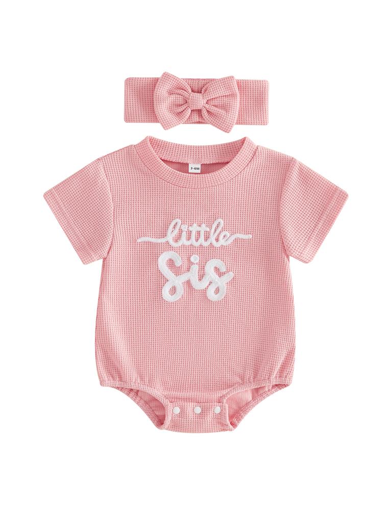 Infant Girl 2-Piece Summer Set with Short Sleeve Romper and Matching Headband Adorned with Embroidered Letters Perfect for