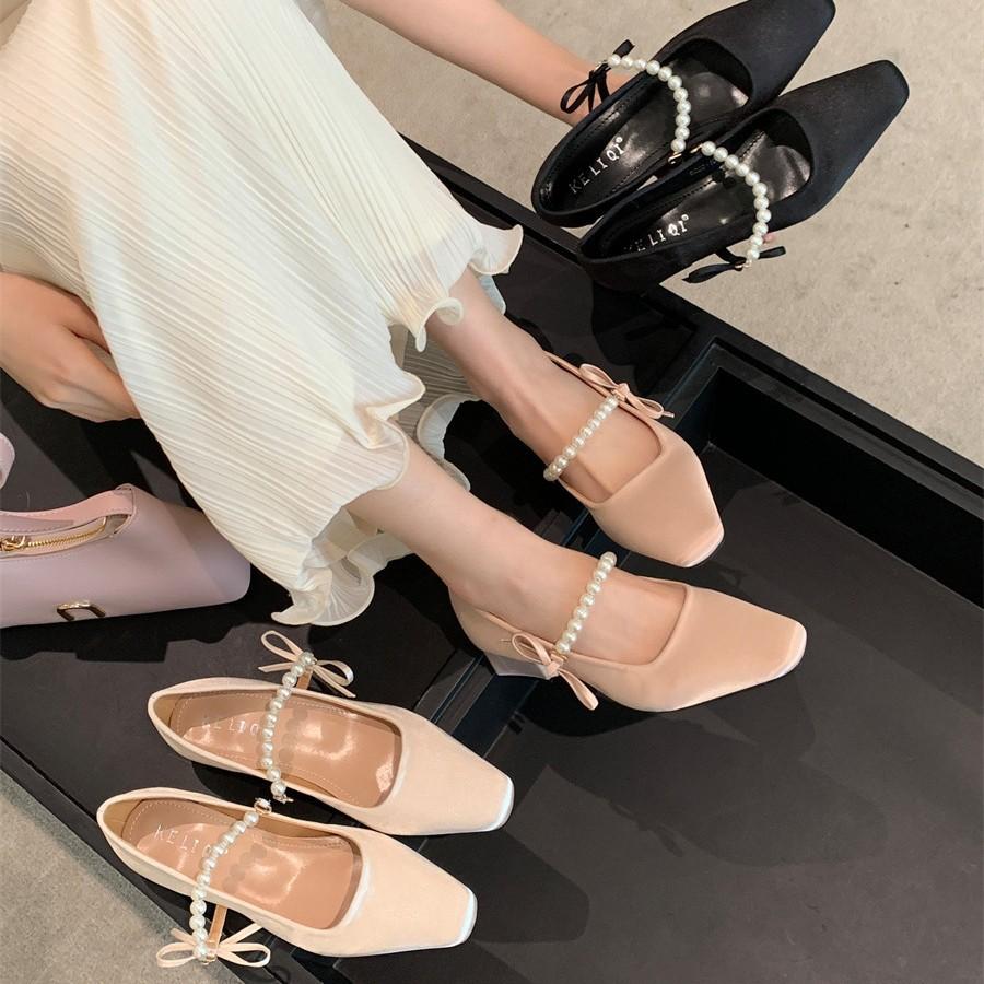 French Square Head Single Shoes Women's 2025 New Pearl Bow with Light Mouth Thick Heel Mary Jane Shoes