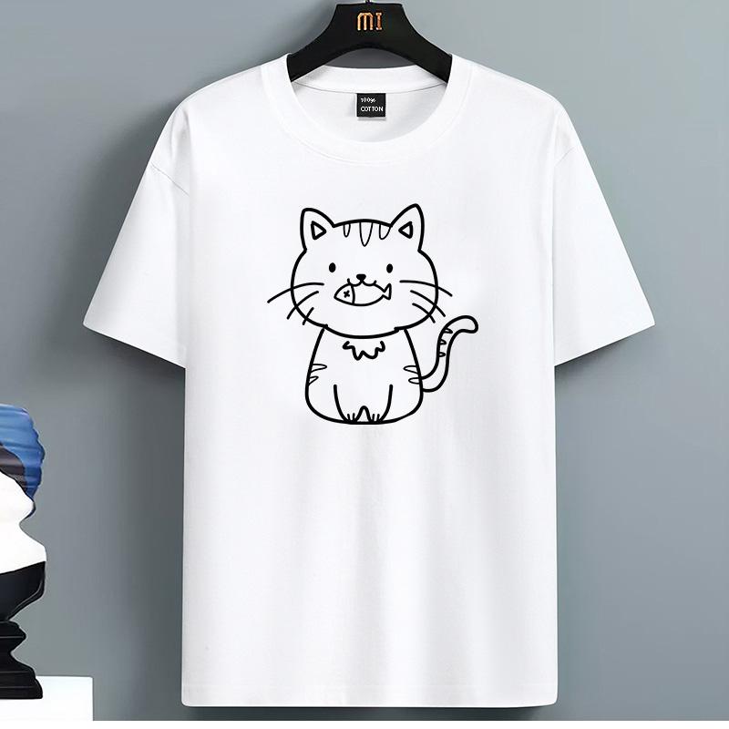 Para Camiseta de Hombre, Algodón de Calidad, Manga Corta, con Lindo Estampado de Gato Negro, Cuello Redondo,