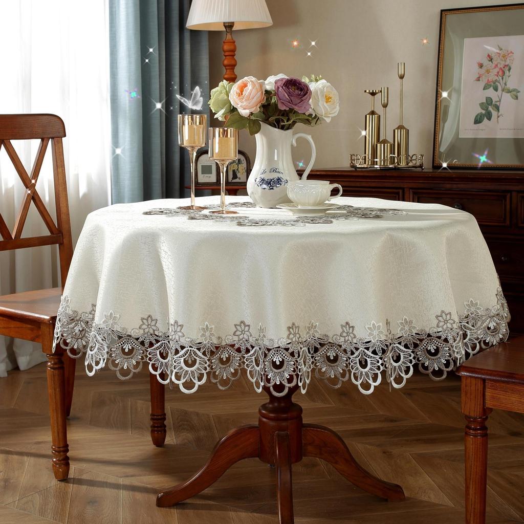 A Beautifully Embroidered Polyester Round Tablecloth with a Two-tone Lace Border - Machine Woven, 100% Polyester for Dining Room, Kitchen and Event