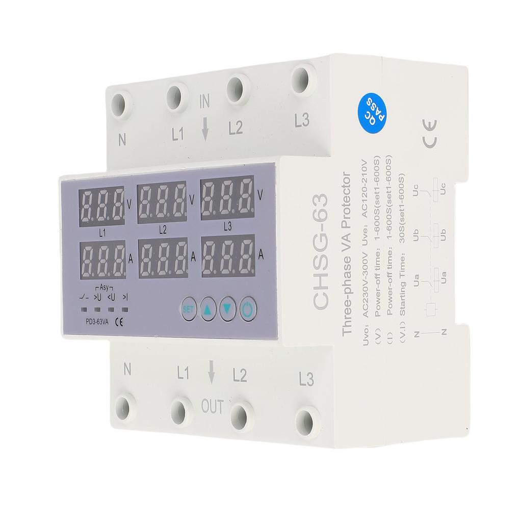 3 Phase DIN Rail Voltmeter Ammeter Automatic Overvoltage Overcurrent Protector AC230 300V