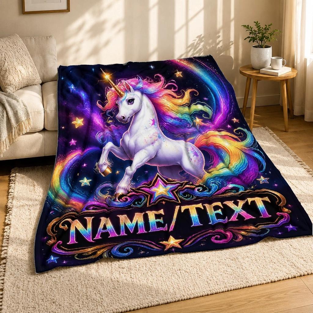 Rainbow Unicorn With Name Text Coral Fleece Blanket
