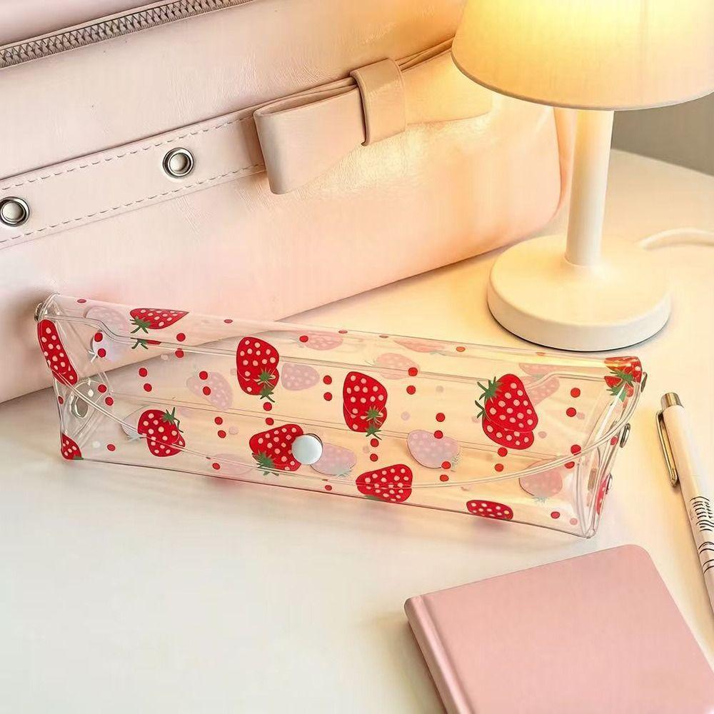Transparent Pen Bag Strawberry/Cherry Print Stationery Pouch Simple Pencil Pouch Students Gift