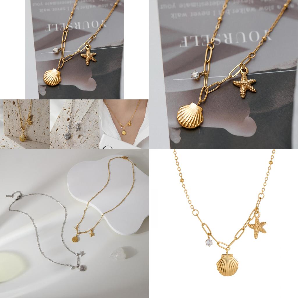 Chic Lightweight Titanium Steel Starfish And Shell Pendant Necklace For Everyday Wear
