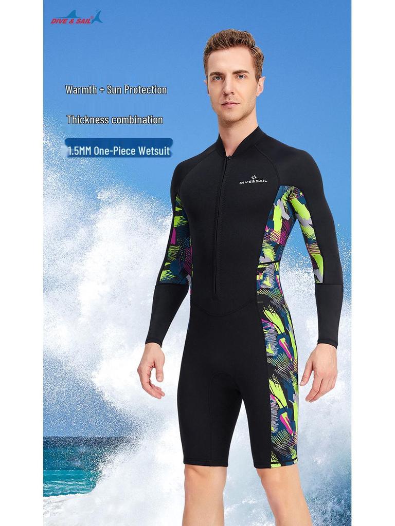 Men's 1.5mm One-Piece Long Sleeve Wetsuit for Diving, Snorkeling, and Surfing - Lycra Sun Protection.