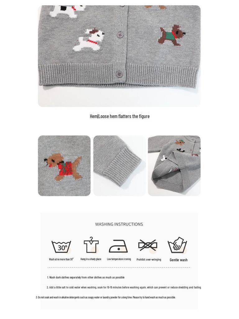 Świąteczny czerwony kardigan dziewczęcy z kreskówkowym motywem świątecznym - jesienny dzianinowy sweter-płaszcz.