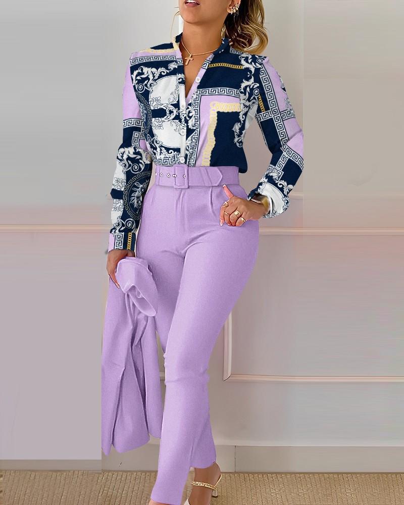 Printed Long-Sleeve Top & Solid Color Pants Suit with Belt