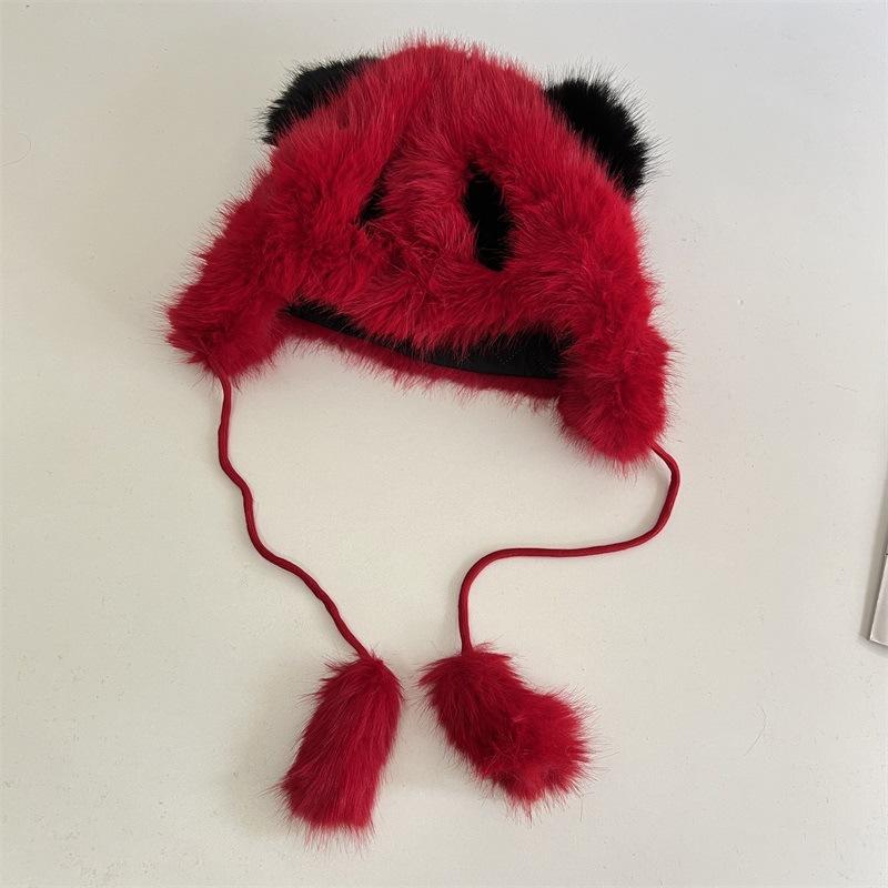 

Новая мультяшная милая плюшевая шапка-панда женская осенне-зимняя пушистая теплая и ветрозащитная шапка-ушанка с защитой ушей M（56-58cm） красный