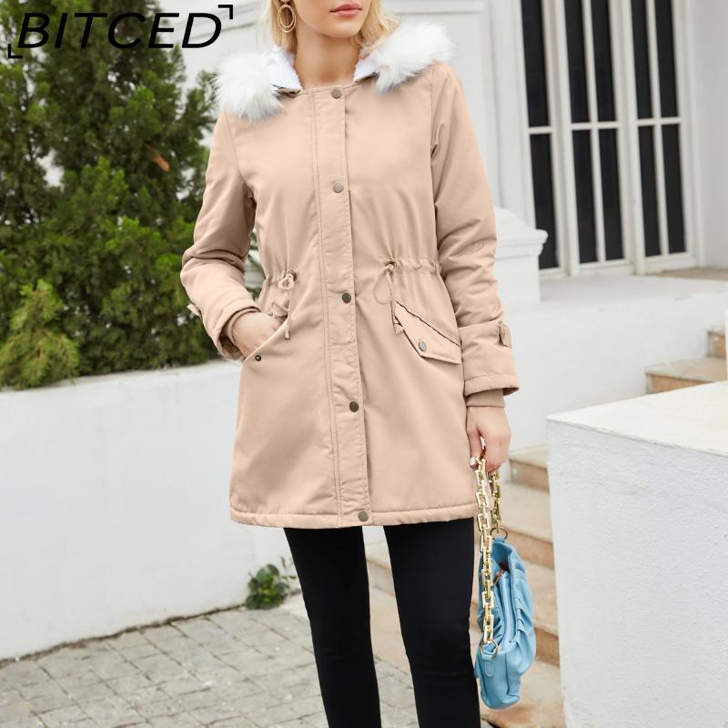 BITCED Autumn/Winter Detachable Fur Collar Women's Parka Long-Sleeved Hooded Cotton Coat Fleece Overcoat