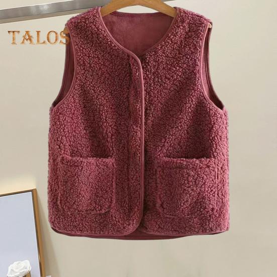Women Fall Spring Vest Round Neck Thick Fleece Pockets Solid Color Sleeveless Zipper Closure Retro Warm Office Street Home Vacation Layering