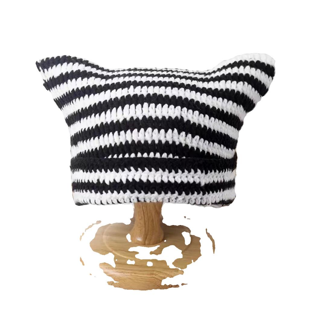 American-style cute cat-ear striped handmade knitted wool hat for women, new autumn and winter playful little devil headwrap hat