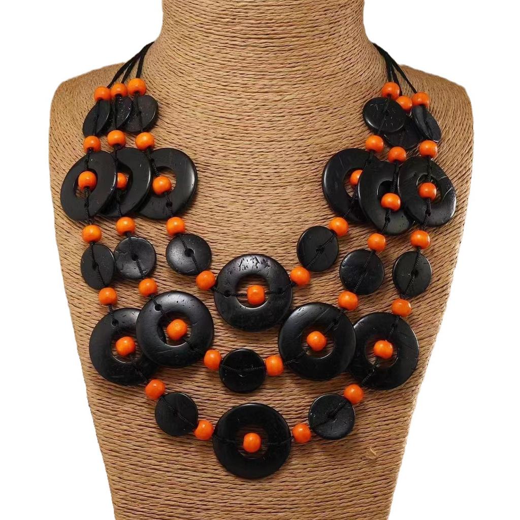 Bohemian Ethnic Coconut Shell Necklace Long Layered Wool Chain Handmade Retro Tropical Jewelry for Women Fashion Gift