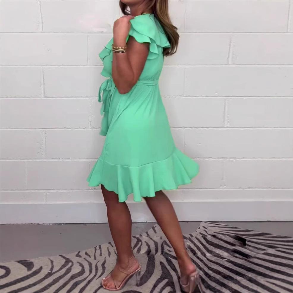 2025 Women's Summer V-Neck Waist-Cinching Ruffle Dress - Solid Color