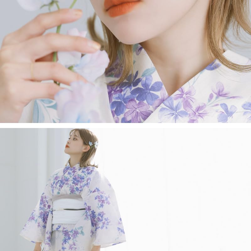 Yukata Watercolor Floral Easy To Wear by One Person Wind FREE (Dita) Women's 5-Piece Set Blue, Purple, White, Pattern, Transparent, Simple,