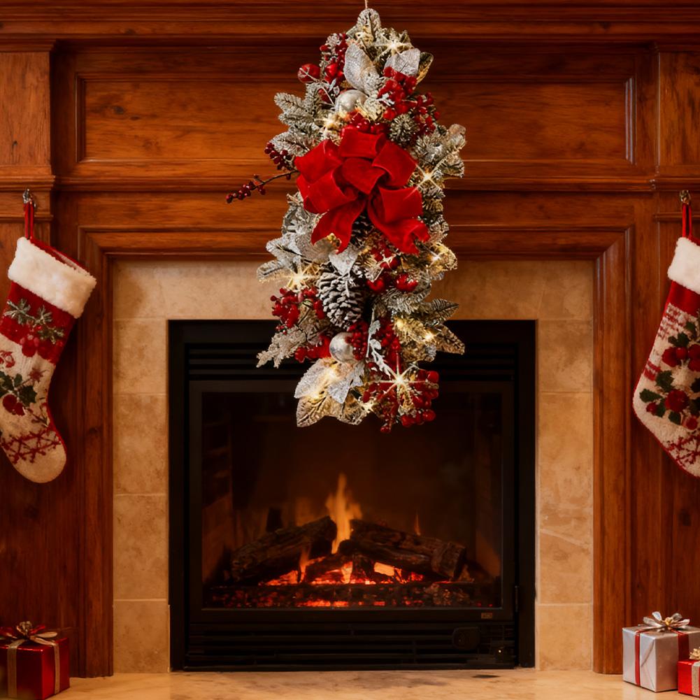 Christmas Swags Staircase Decor Trees Garland for Stairs Christmas Garland with Lights with Red Bows Stairway Swag Door Decor