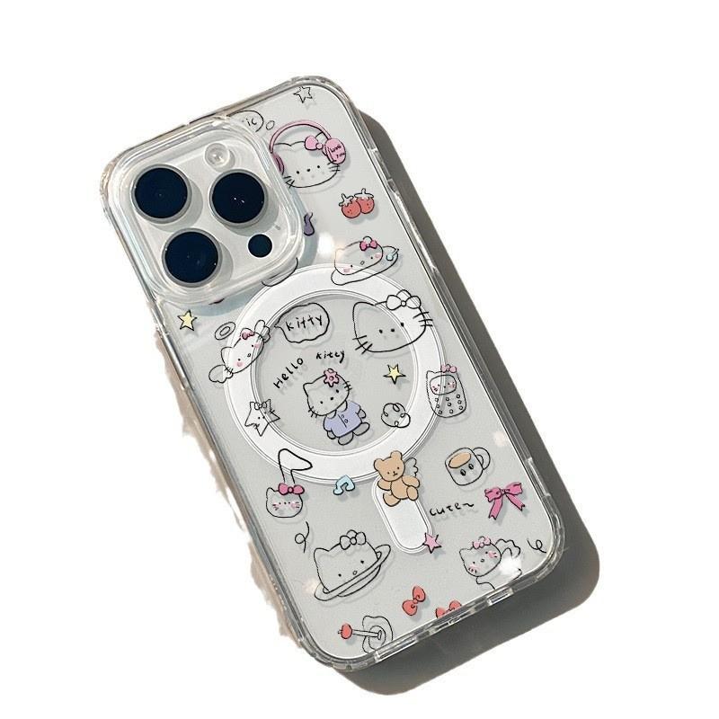 Applicable to Apple 11/11 cartoon transparent 11 mobile phone case iphone11plus cute line Hello Kitty magnetic attraction