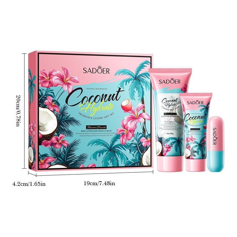 3ks/sada SADOER Hand Cream Lip Balm Body Lotion Sady péče o pleť Hydratační plné rty Rtěnka Plnější tělo Ruce Péče o pleť