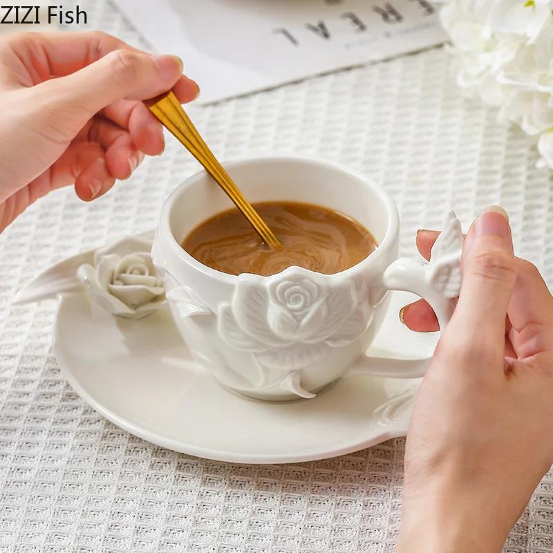 Rose Floral Reliefs Classical Ceramic Cup&saucer Dining Table Coffee Mug Milk Mugs Afternoon Tea Teacup Fruit Juice Container