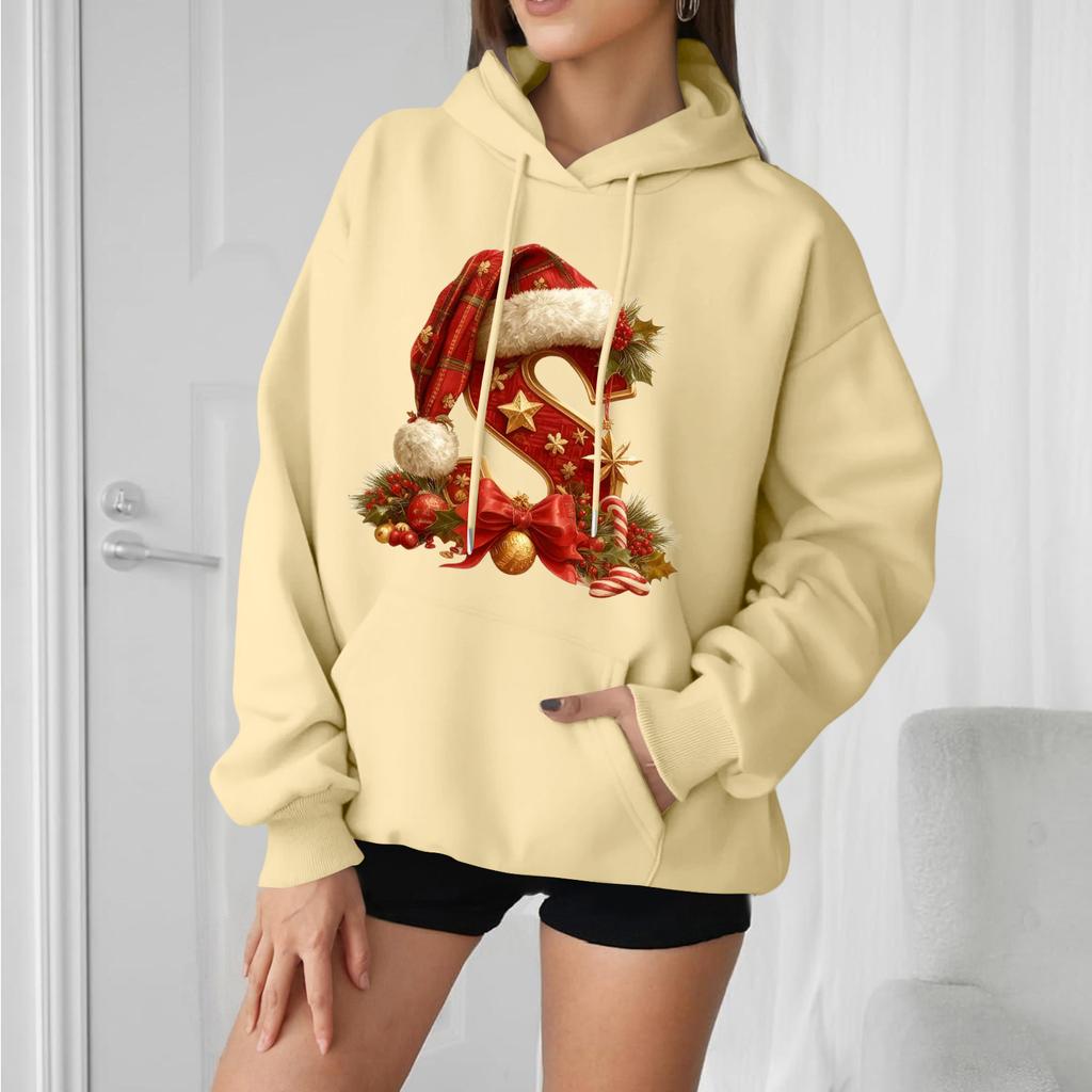 Women's Casual Comfortable Long-Sleeved Christmas Letter-Printed Warm Hooded Crew-Neck Sweatshirt
