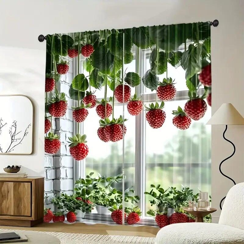 Strawberry Green Leaf Printed Curtains Are Suitable Bedrooms Living Rooms Home Decoration Christmas Curtain Made Of Polyester Washable Area Ready