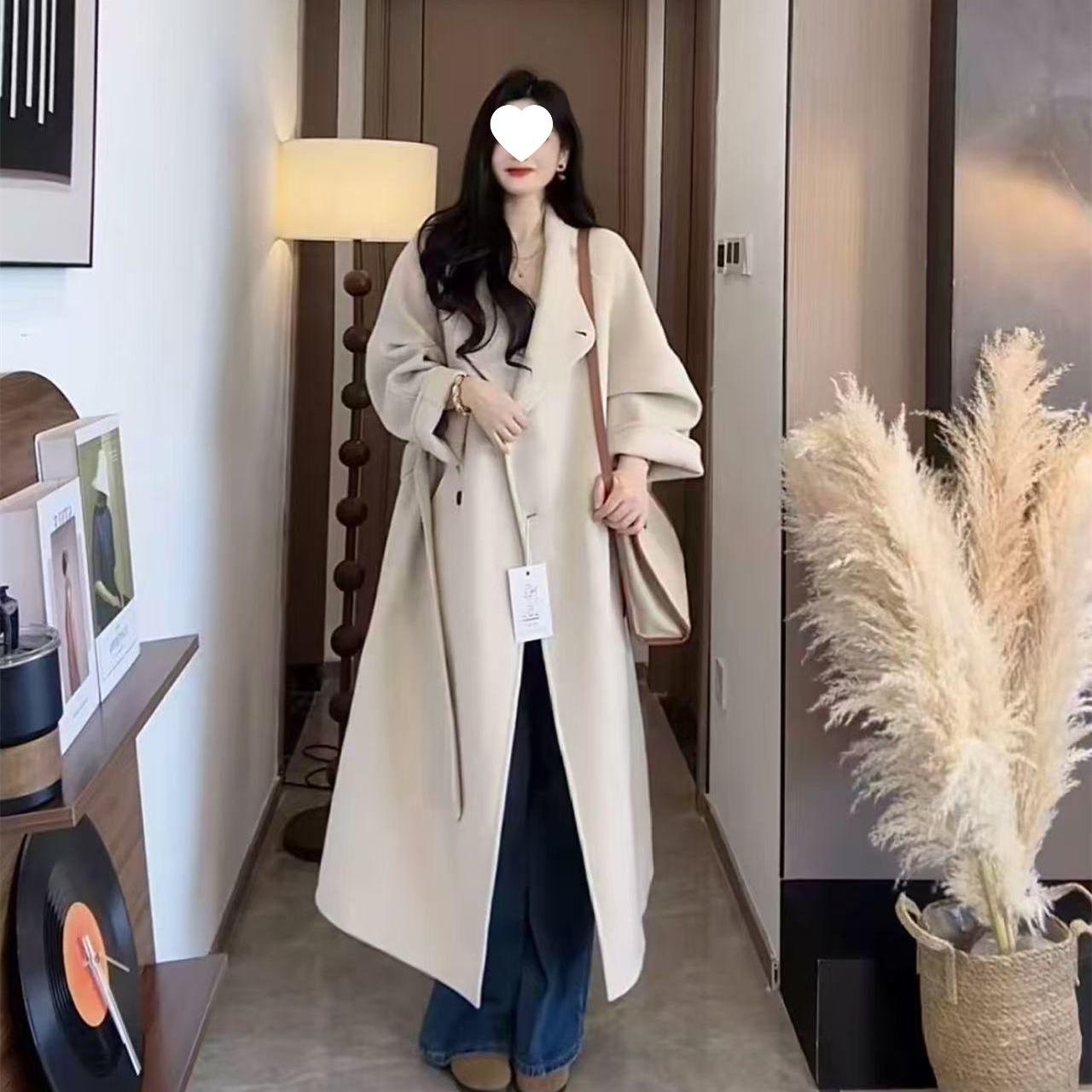 

Woolen Cashmere Long Coat for Women - Autumn Winter Style 2026 2XL грязно-белый