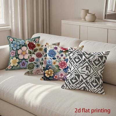 2D Colorful Floral & Geometric Pattern Pillow Covers Pattern Cushion Cover Suitable For Sofa Bedroom Car Pillow Cover