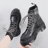 Thick-bottomed Hole Martin Boots Side Zipper Women's Short Boots, Muffin Bottom Lace-up Tooling Boots