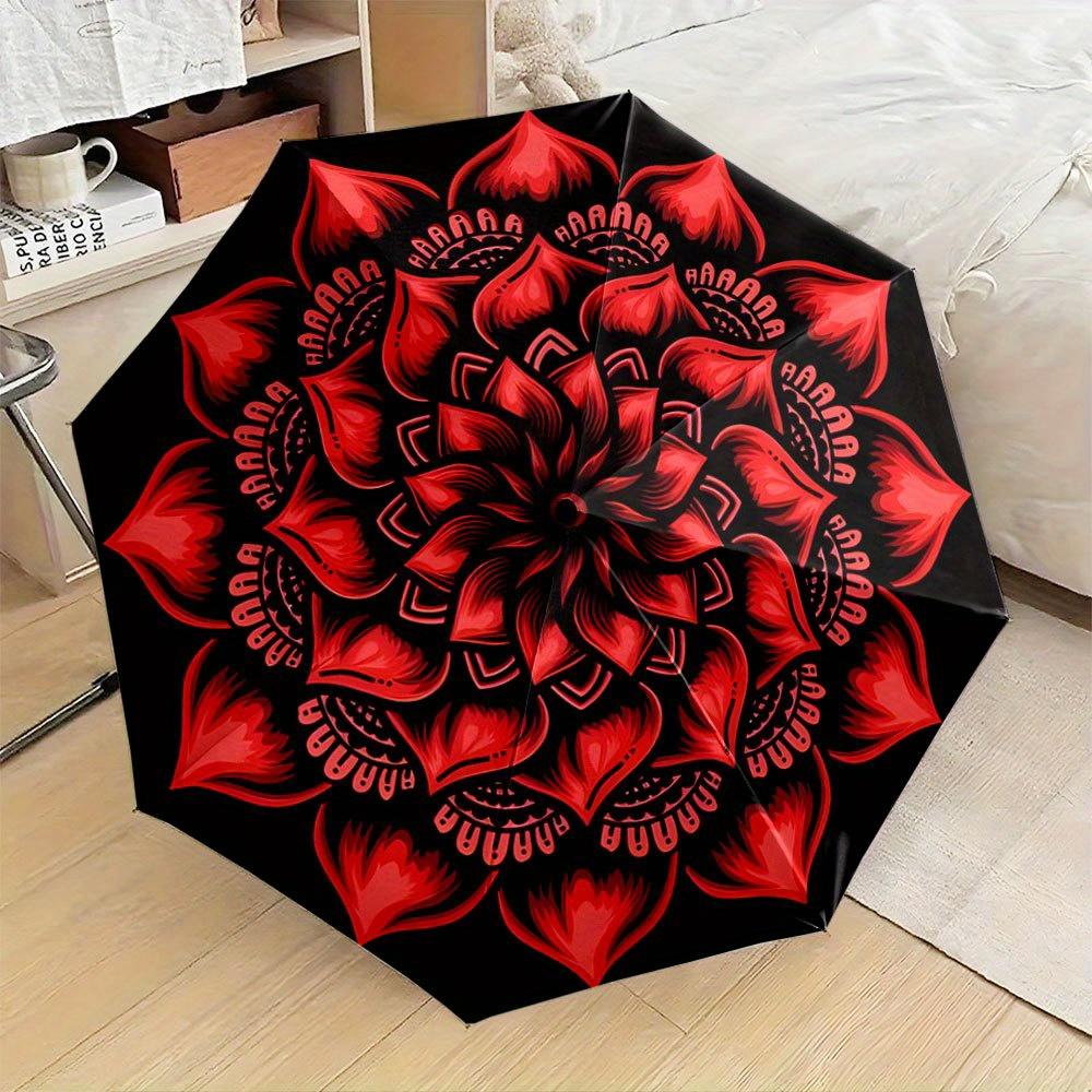 This Compact Umbrella Showcases a Lively Red Mandala Pattern with Petal Motifs Extending Outward from The Middle. Ideal for Tr (as the picture,iron&8K)