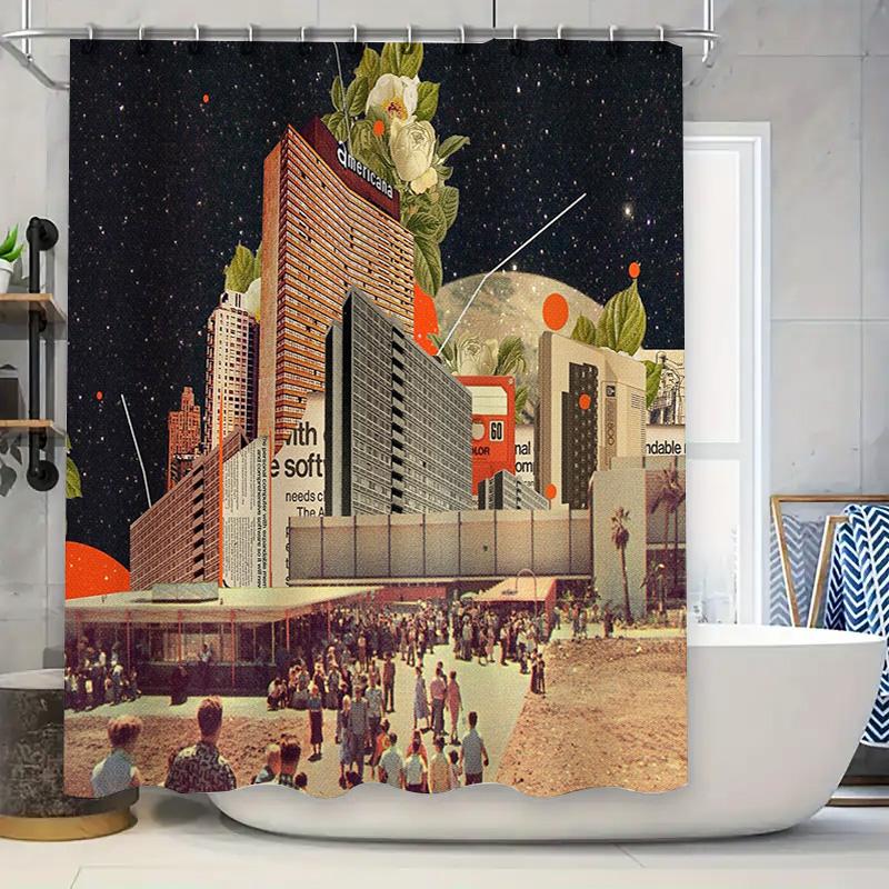 Vintage Hollywood Cityscape Shower Curtain Abstract Film Noir Theater Backdrop Washable Decor 90x180cm